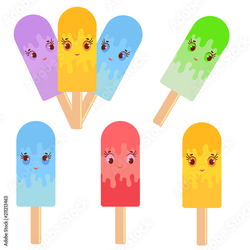 Set of flat colored isolated cartoon ice-cream, drizzled with glaze. On wooden sticks. Appetizing color. On a white background.