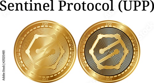 Set of physical golden coin Sentinel Protocol (UPP), digital cryptocurrency. Sentinel Protocol (UPP) icon set. Vector illustration isolated on white background.