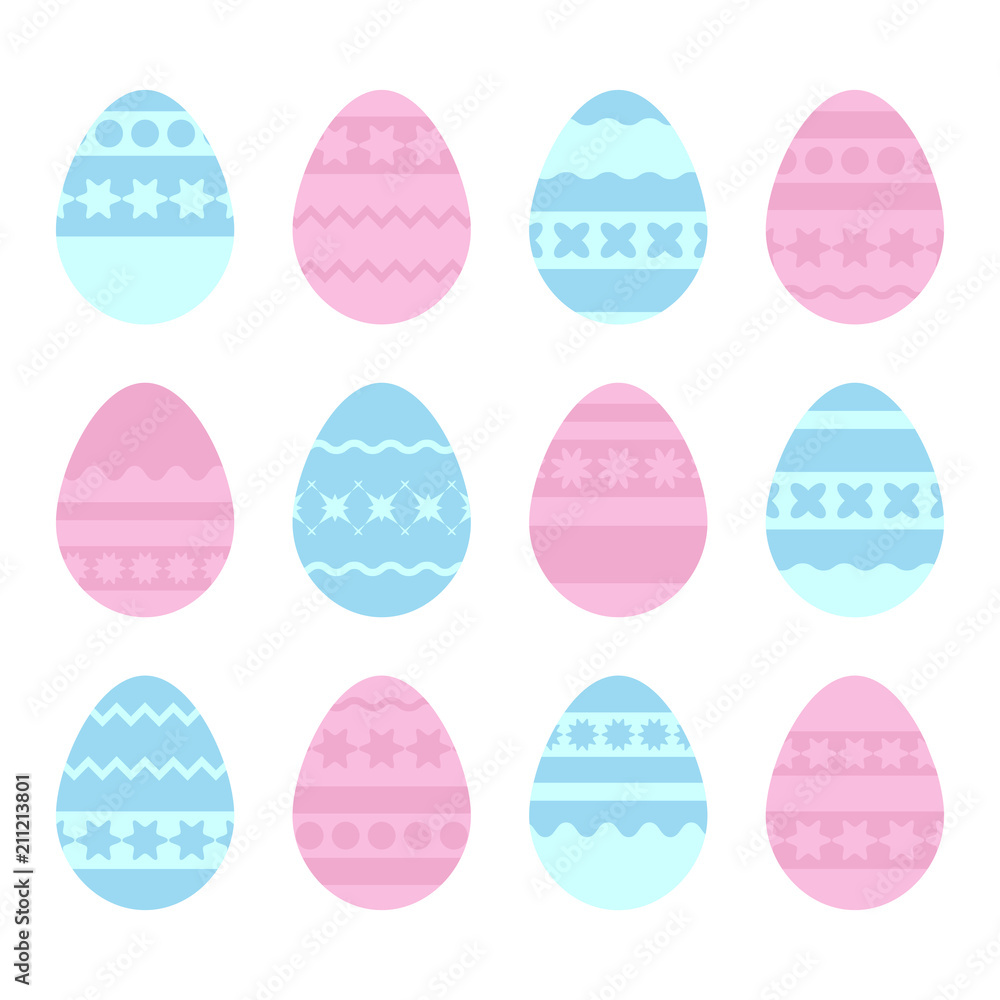 Set of colored isolated Easter eggs on a white background. With an abstract pattern. Simple flat vector illustration. Suitable for decoration of postcards, advertising, magazines, websites. Set of colored isolated Easter eggs on a white background. With an abstract pattern. Simple flat vector illustration. Suitable for decoration of postcards, advertising, magazines, websites.