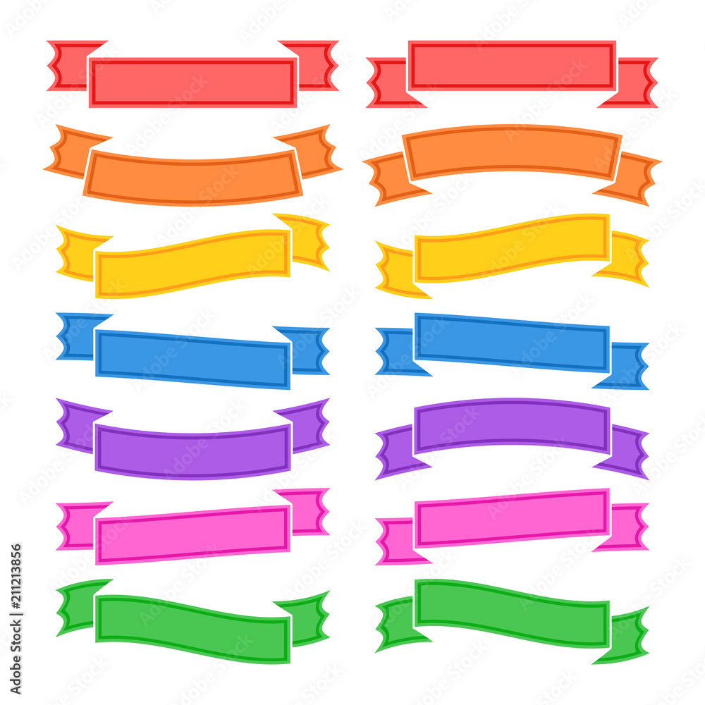 Set of flat isolated colored ribbons and banners on a white background. Simple flat vector illustration. With place for text. Suitable for infographics, design, advertising, festivals, labels.