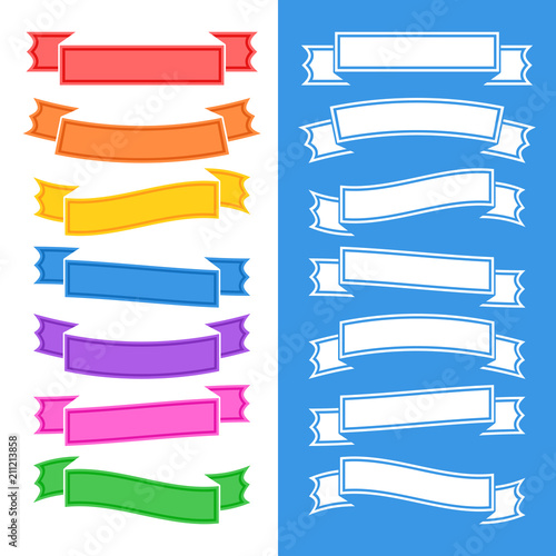 Set of flat isolated colored ribbons and banners on white and blue background. Simple flat vector illustration. With place for text. Suitable for infographics, design, advertising, festivals, labels.
