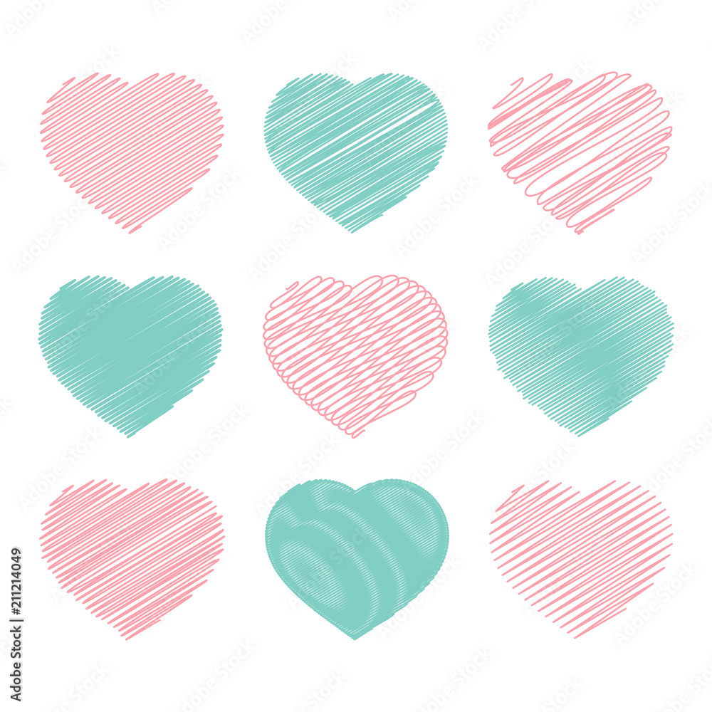 Set of color hearts isolated on white background. With an abstract pattern of lines. Simple flat vector illustration. Suitable for greeting card, weddings, holidays, sites.