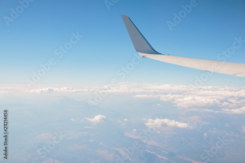 Morning sunrise with Wing of an airplane. Photo applied to tourism operators. picture for add text message or frame website. Traveling concept