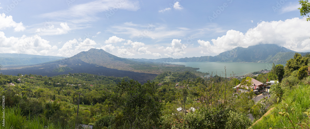 Panoramic view of the volcano of Batur and the mountain kintamani on a clear day in the north east of the island of Bali