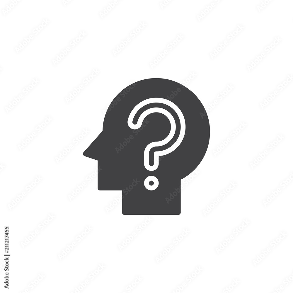 Head with question mark vector icon. filled flat sign for mobile concept and web design. Confusion simple solid icon. Symbol, logo illustration. Pixel perfect vector graphics Head with question mark vector icon. filled flat sign for mobile concept and web design. Confusion simple solid icon. Symbol, logo illustration. Pixel perfect vector graphics