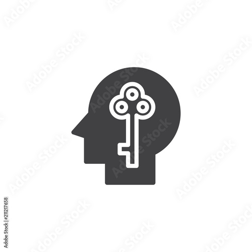 Key in human head vector icon. filled flat sign for mobile concept and web design. Open mind simple solid icon. Unlock symbol, logo illustration. Pixel perfect vector graphics