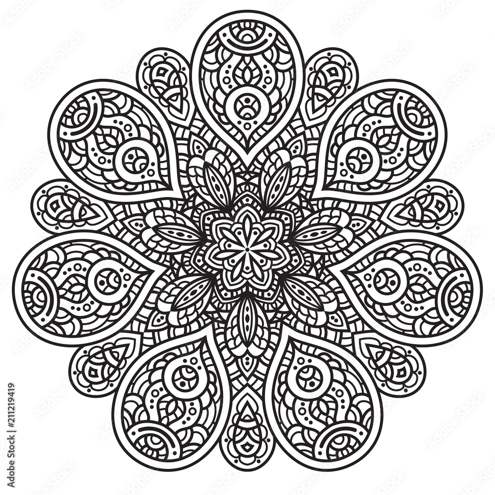 Black and white mandala vector isolated on white. Vector hand drawn circular decorative element. Black and white mandala vector isolated on white. Vector hand drawn circular decorative element.