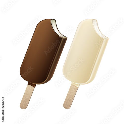 Vector Set of Bitten Popsicle Choc-ice Lollipop Ice Cream in Dark Milk White Chocolate Glaze on Stick with Filling Close up Isolated on Background