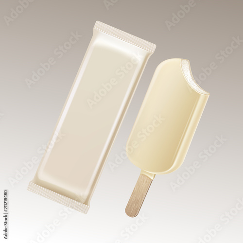 Vector Classic Bitten Popsicle Choc-ice Lollipop Ice Cream in White Chocolate Glaze on Stick with White Plastic Foil Wrapper for Branding Package Design Close up Isolated on Background