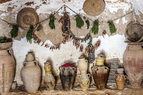 Tunisia, Matmata. The cave-kitchen in the caves-dwellings of Berbers - tragloodites (in translation-living in caves).