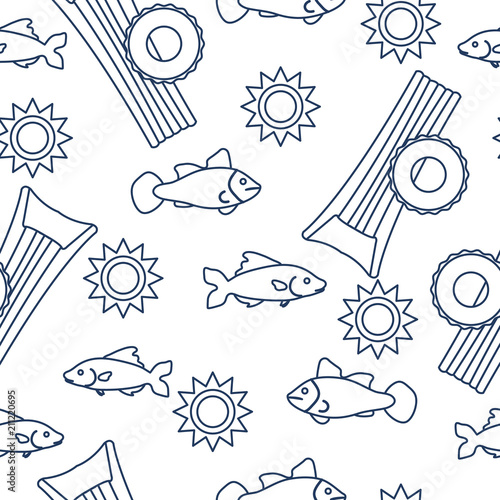Pattern with fish, sun, inflatable mattress.