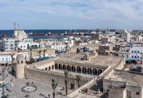 Medina (Old Town) in Sousse, Tunisia/Tunisia, Sousse. Panorama of Medina (Old Town) from the tower of the fortress of Ribat. The Great Mosque.
