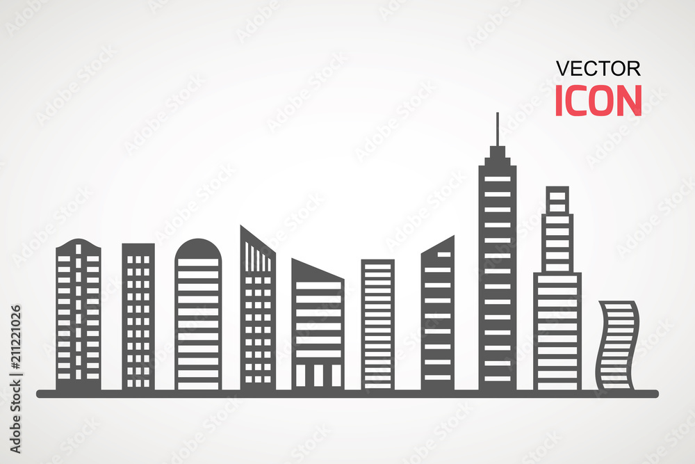 Fototapeta premium Flat Buildings, skyscrapers, business center, offices and houses vector illustration. Modern city, Urban landscape concept. Vector city buildings silhouette icons