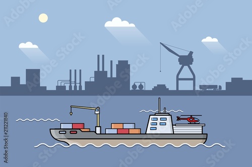 Set of commercial cargo ships. Sea transportation vehicle. Water logistics. Transport boat.