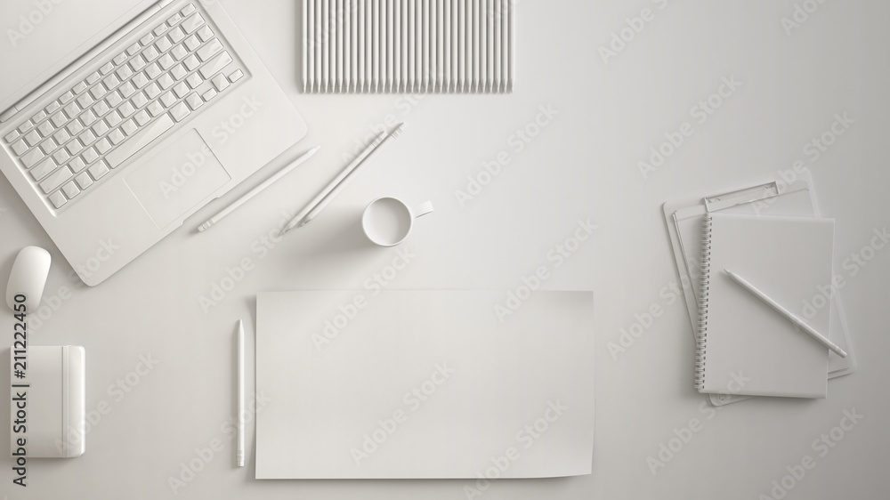 White monochrome minimal office table desk. Workspace with laptop, notebook, pencils and coffee cup. Flat lay, top view, blank paper mockup template - obrazy, fototapety, plakaty 