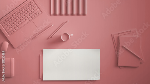 Bilde på lerret Pastel pink monochrome minimal office table desk