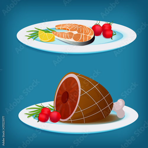 Plates with Grilled Fish, Meat and Vegetables