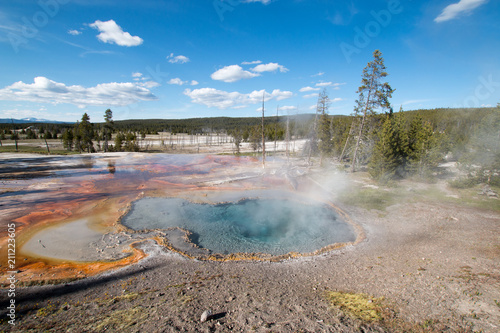 Steam on Firehole Spring on Firehole Lake Drive in Yellowstone National Park in Montana United States