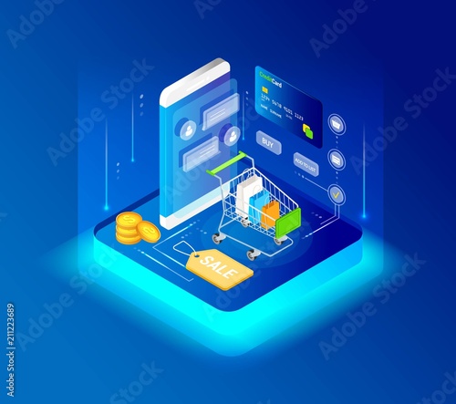 Concept of a modern graphic vector banner, for web design online store and application. E-commerce. Isometry and 3d design. Shopping cart wiht purchases and goods.