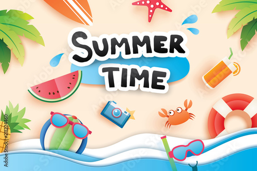 Summer time with paper cut symbol icon for vacation beach background. Art and craft style. Use for banner, poster, card, cover, stickers, badges, illustration design.