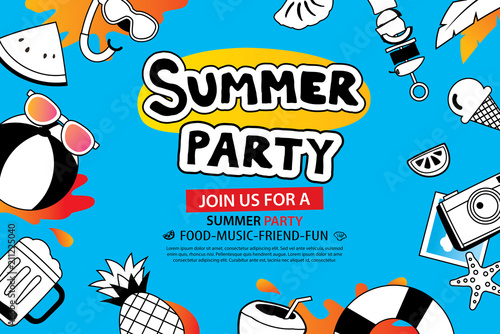 Summer party with doodle icon and design on blue background. Invitation poster in hand drawn style. Use for labels, card, tag, stickers, badges, flyer, banner, vector illustration.