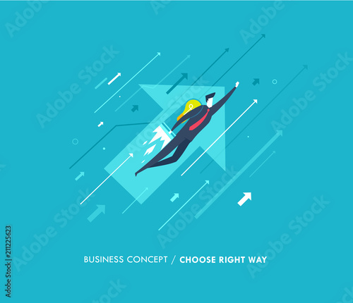 Businessman flying with jetpacks looking to the future. growth charts. Success, growth rates