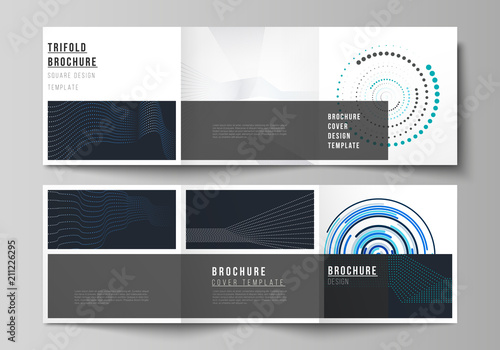 The minimal vector editable layout of two square format covers design templates with simple geometric background made from dots, circles, rectangles for trifold square brochure, flyer, magazine.