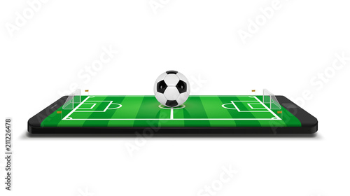 Mobile football soccer. Mobile sport play match. Online soccer game with live mobile app. Football field on the smartphone screen and ball. Online ticket sales concept
