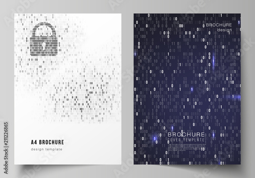 Vector layout of A4 format cover mockups design templates for brochure, magazine, flyer, booklet, report. Binary code background. AI, big data, coding or hacker concept, digital technology background