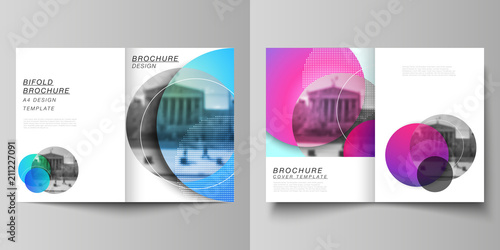 The vector layout of two A4 format cover mockups design templates for bifold brochure, magazine, flyer, booklet, annual report. Creative modern bright background with colorful circles and round shapes