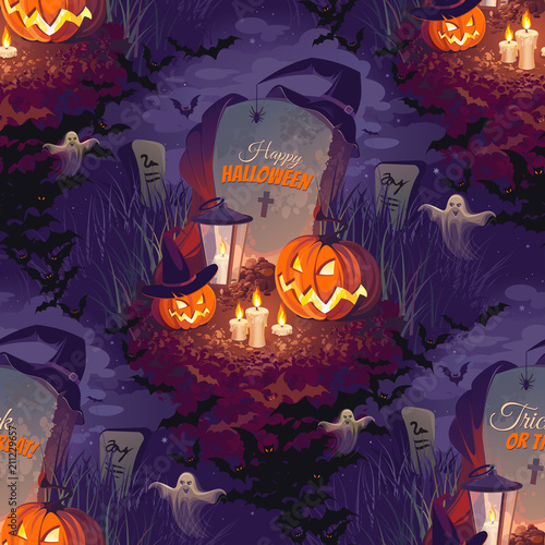 Seamless Halloween pattern with pumpkins, graves, bats, candles and lanterns on dark background.