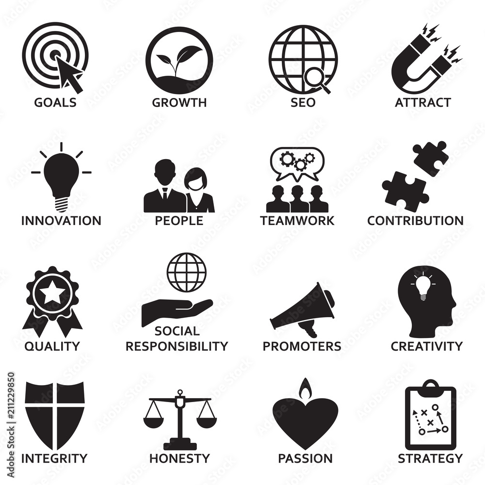 Company Core Values Icons. Black Flat Design. Vector Illustration