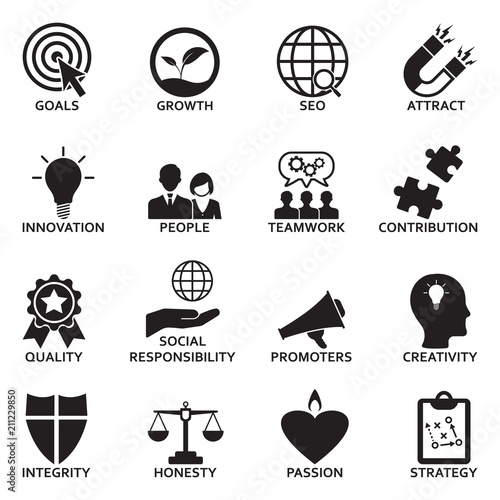 Company Core Values Icons. Black Flat Design. Vector Illustration.