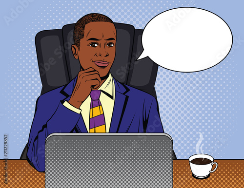 Vector colorful comic pop art style illustration of a businessman sitting in the office near a computer. African American guy in suit working at desk