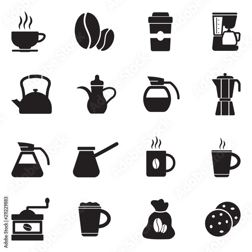 Coffee Icons. Black Flat Design. Vector Illustration.