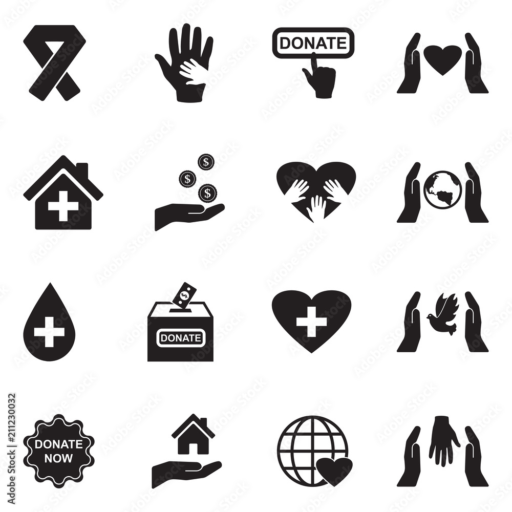 Charity And Donation Icons. Black Flat Design. Vector Illustration.