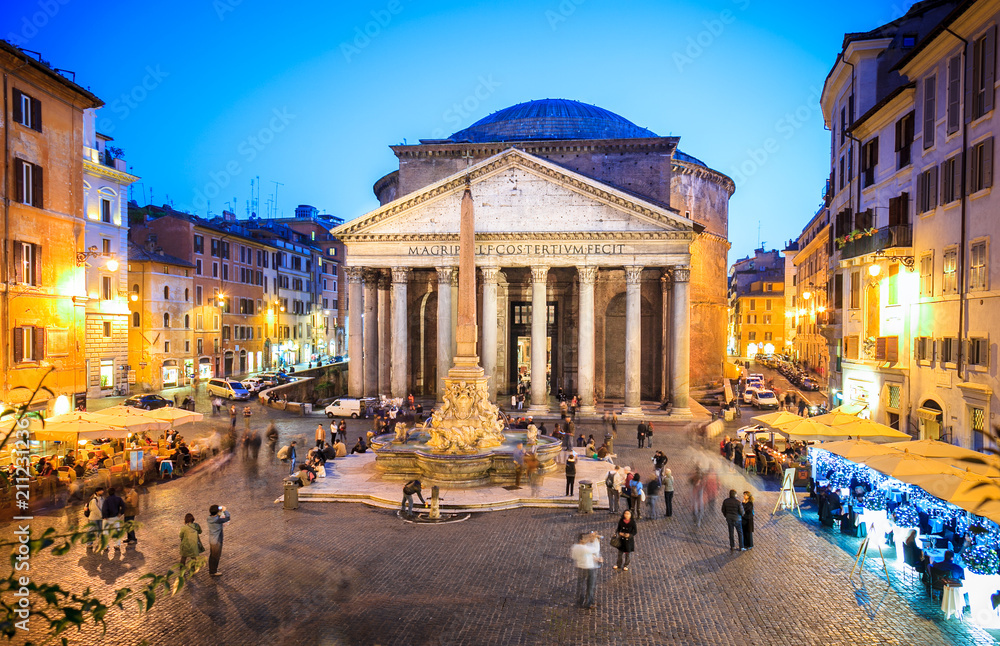 Pantheon at evening in Rome, Italy, Europe. Ancient Roman architecture masterpiece, it was the temple of all the gods. Rome Pantheon is one of the best known landmarks of Rome and Italy..