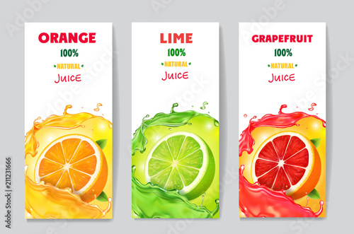 Banners with citrus fruit juice and splashes. Grapefruit, lime and orange drink package design