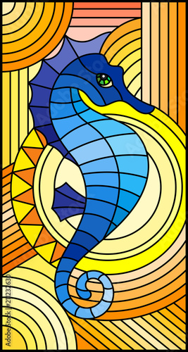 Illustration in stained glass style with fabulous abstract blue fish seahorse, fish on orange background