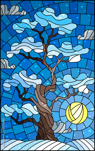 Illustration in stained glass style with winter tree on sky background with sun and  snow