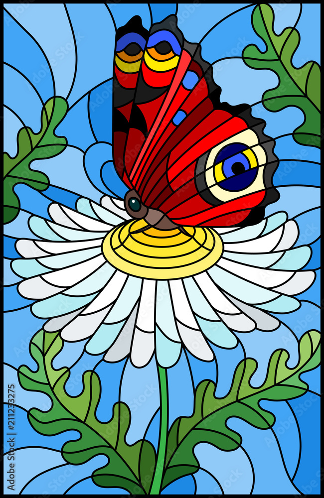 Illustration in stained glass style with a white chamomile flower and bright butterfly on a blue background