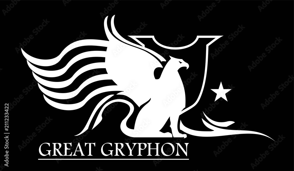 Fototapeta premium griffin, white gryphon on black background 