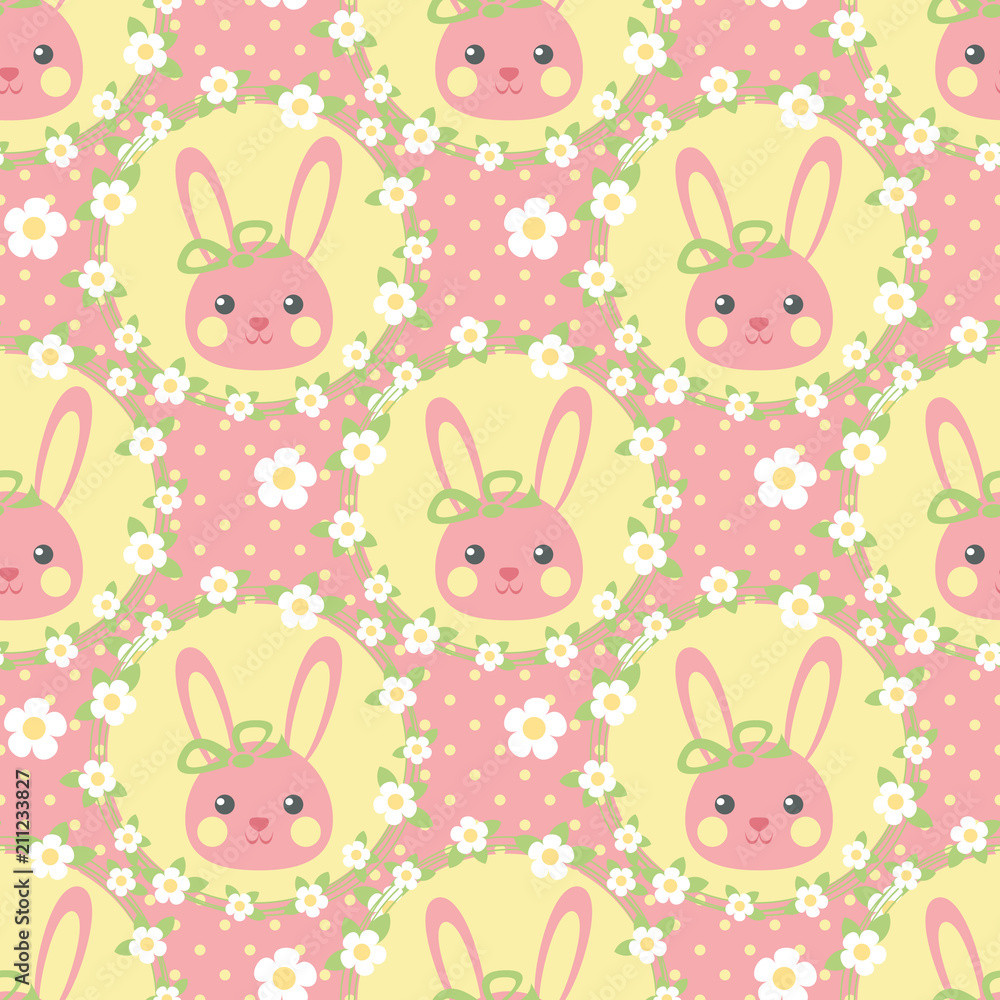 Funny bunny in a wreath of flowers, Seamless vector illustration with cute characters, vintage style Funny bunny in a wreath of flowers, Seamless vector illustration with cute characters, vintage style