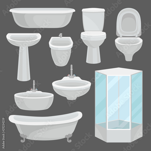 Bathroom furniture set, interior elements and lavatory equipment such as bathtub, shower cabin, toilet, sink, bidet vector Illustration