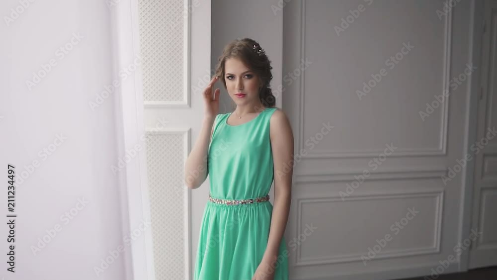 portrait of a charming girl in a cocktail dress. brunette with beautiful makeup and hair portrait of a charming girl in a cocktail dress. brunette with beautiful makeup and hair
