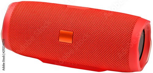Plakat Red wireless bluetooth speaker isolated on white background.