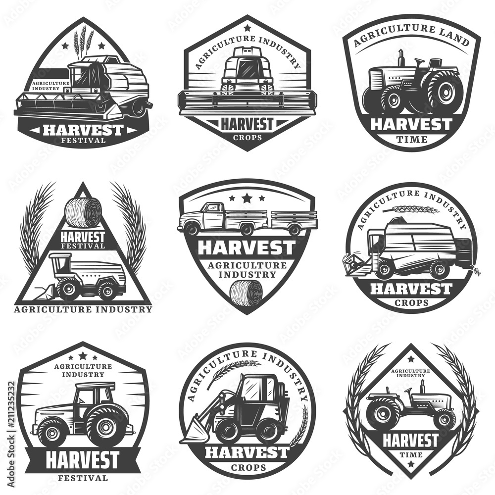 Vintage Monochrome Agricultural Machinery Labels Set