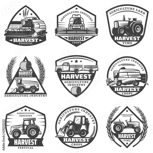 Vintage Monochrome Agricultural Machinery Labels Set