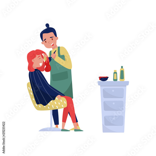 Male hairdresser dying hair of woman at beauty saloon vector Illustration on a white background