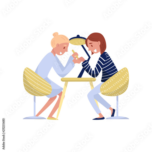 Beautiful girl getting a manicure at a beauty salon vector Illustration on a white background